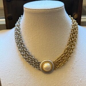 Vintage Monet Rare Gold & Silver Tone Double Chain Necklace w/Faux Pearl Pendant